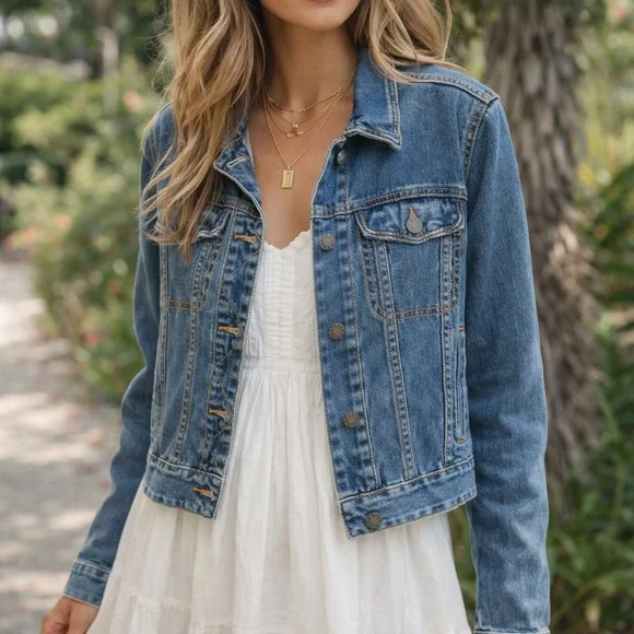 Free People Denim Jacket Medium Wash | Zig-Zag Stitch Detail | Size M 🦋 - Picture 4 of 13